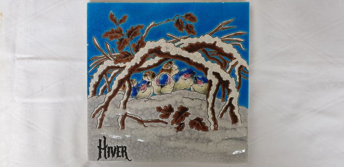 Kafelek (1) - Secesyjna płytka „Hiver” przedstawiająca ptaki na śniegu - Longwy - Secesja - 1910-1920 