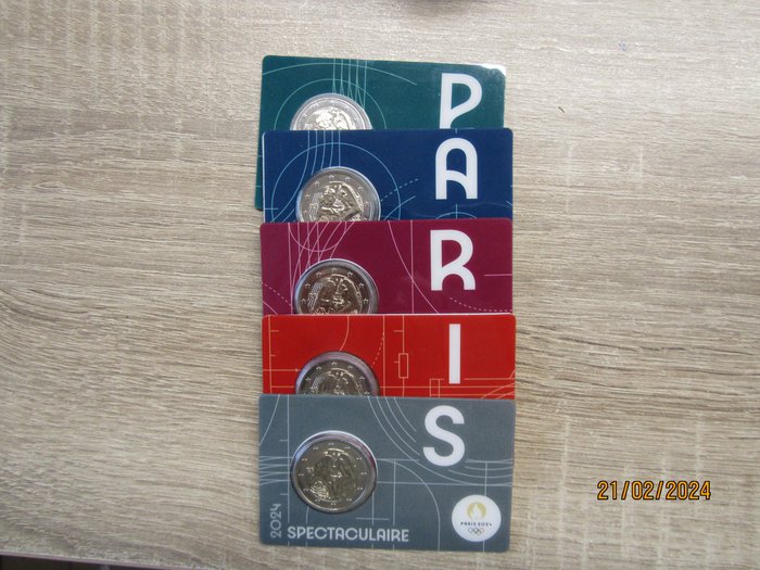 Francia. 2 Euro 2024 "Olympische Spelen 2024 Parijs" (5 coincards)  (Senza Prezzo di Riserva)