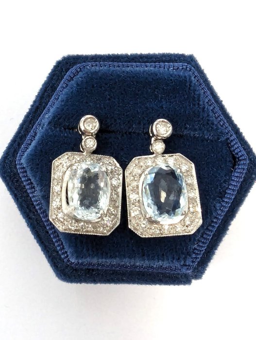 Earrings - 18kt gold - White gold Aquamarine - Diamond 