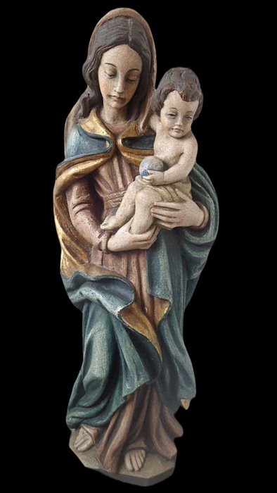 Schnitzerei, Holzfigur - Farbige Madonna mit Kind - 104 cm - Holz - 1980