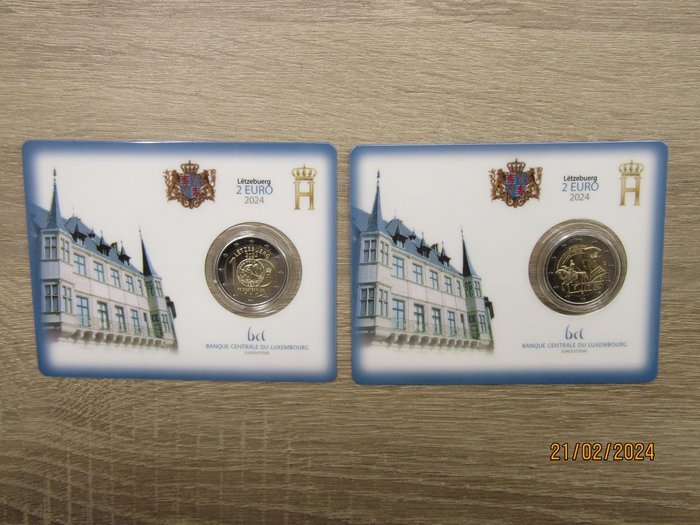 Luxemborg. 2 Euro 2024 "Wilhelm II" + "1 Frank" (2 coincards)  (Ingen reservasjonspris)