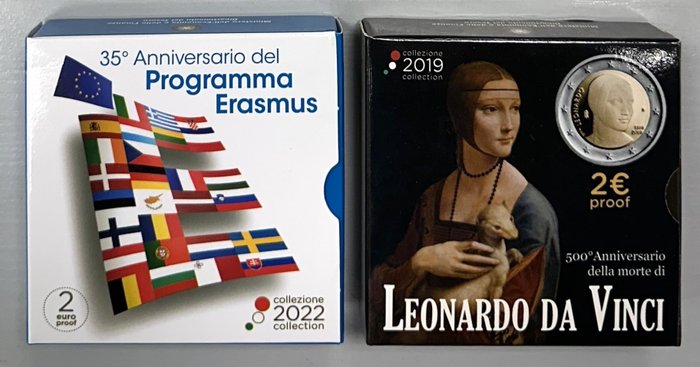 Olaszország. 2 Euro 2019/2022 "Leonardo Da Vinci" (coffret vide) + "Erasmus" (coffret complet) Proof  (Nincs minimálár)