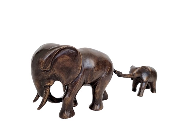 雕像 - Elephant with baby - 黄铜色