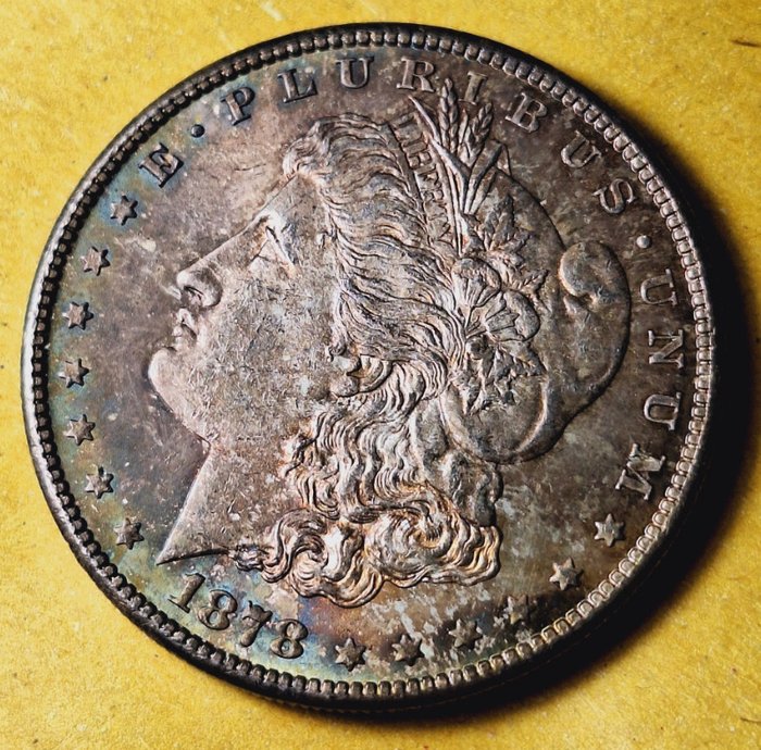 美国. Morgan Dollar 1878-S, 7TF, Rev of 1878, Spectacular electric blue, green and rose toning!