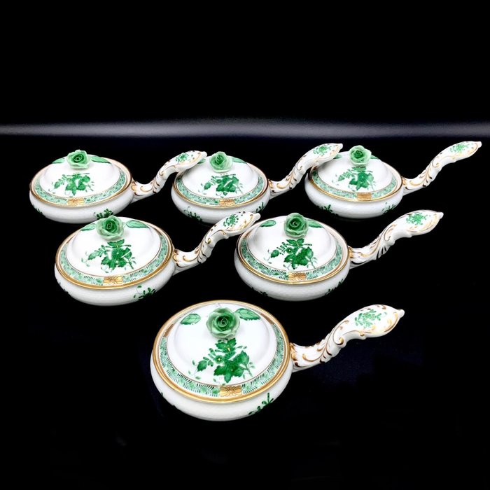 Herend - Exquisite Set of Patty Pans with Rose Knob Lid (12 pcs) - "Apponyi Green" - Tigela - Porcelana pintada à mão