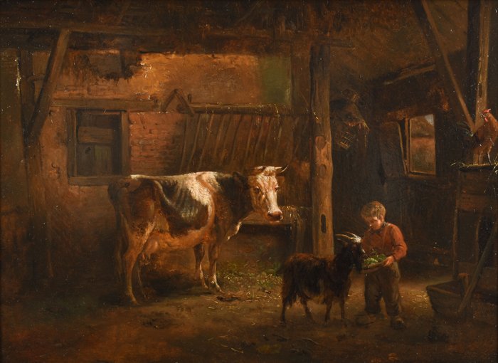 Albertus Verhoesen (1806-1881) - Barn interior with young farm hand, cow, goat and chicken