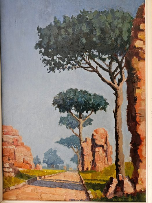 Nederlandse school (XX) - Impressionistisch gezicht op de Via Appia met ruïnes en pijnbomen on Italië