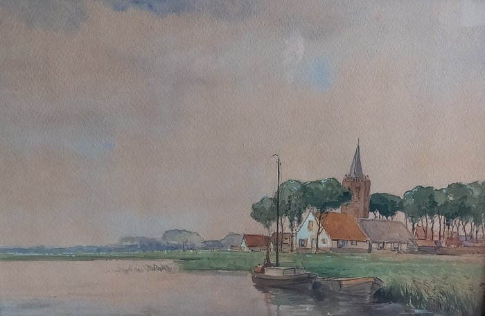 Jan Simon Knikker jr / vd Venne (1911-1990) - Hollands waterlandschap boerendorp met kerktoren