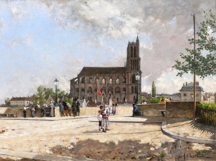 Alfred Chataud (1833-1908) - The red ball, landscape with the cathedral of Mantes-la-Jolie (France)