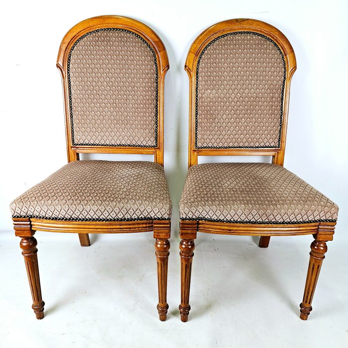 Stoel - Set of six wooden dinner chairs with grey seat with motif Approx. 1960