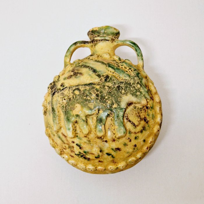 Mesopotamian style Over-Glazed Ceramic Ibex Decor Flask Jug - 150 mm
