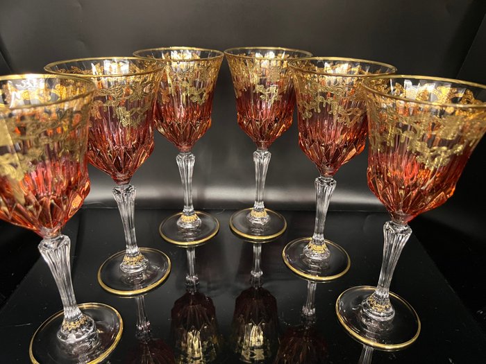 Antica cristalleria italiana La maison du Lia - Serviciu de băut (6) - Ochelari antici de lux cu trandafiri - .999 (24 carate) aur, Cristal