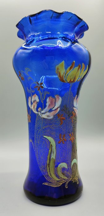 Legras (1839-1916) - Montjoye - Vas -  Vaza Art Nouveau cu decor emailat din minunate flori de crocus imbunatatit cu aur fin  - Sticlă suflată cu gură