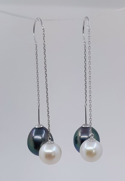 10.5mm Peacock Tahitian and 8.5mm White Edison Pearls - Boucles d'oreilles - 18 carats Or blanc