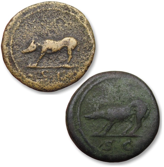 Romerska riket. Trajan (AD 98-117). Quadrans Group of 2 bronze quadrans, Rome mint circa 109-117 A.D. - She-Wolf left -