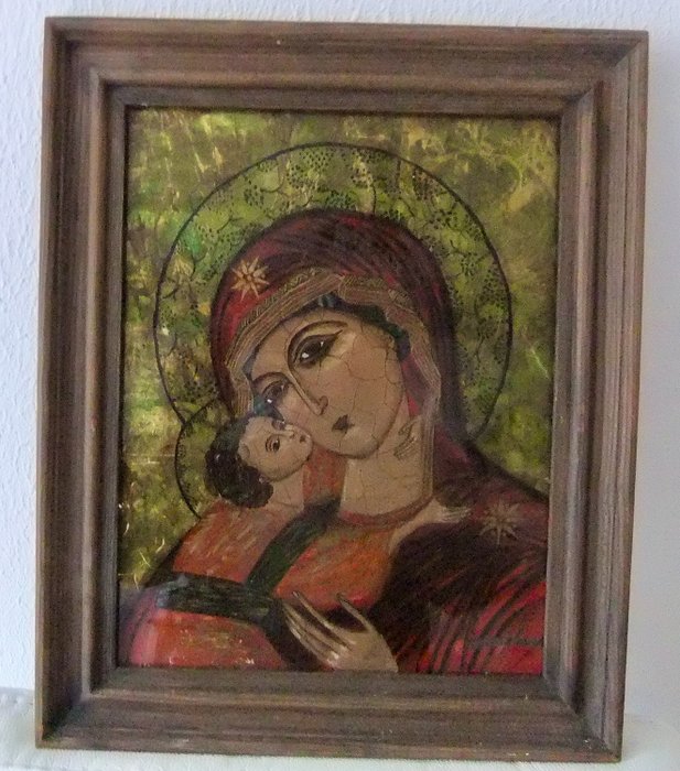 Religiøse og åndelige objekter - Omvendt glassmaleri - Hellig mor med barn (1) - Glass, Tre - 1950–1960