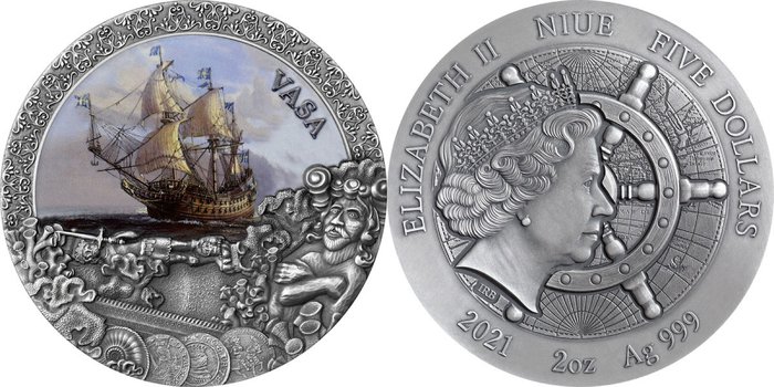Νιούε. 5 Dollars 2021 Vasa Grand Shipwrecks in a History - Antique Finish, 2 Oz (.999)