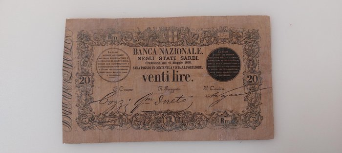 Włochy. - 20 Lire 16/06/1866 Banca Nazionale Stati Sardi - BNSS 1F