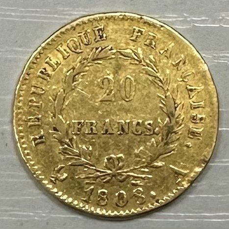 20 Francs  1808 A Napoléon Ier, TB/TTB, 6,45 g d'or .900