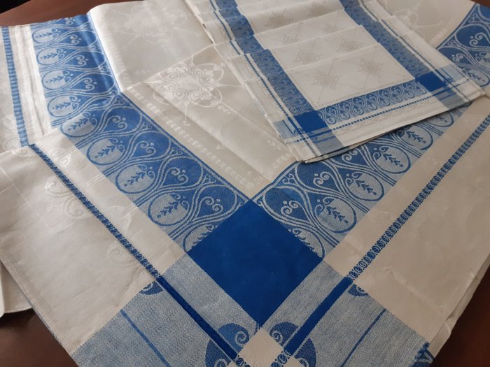  (7) finest Art Nouveau tablecloth and napkins blue pattern - Tischtuch - 130 cm - 160 cm