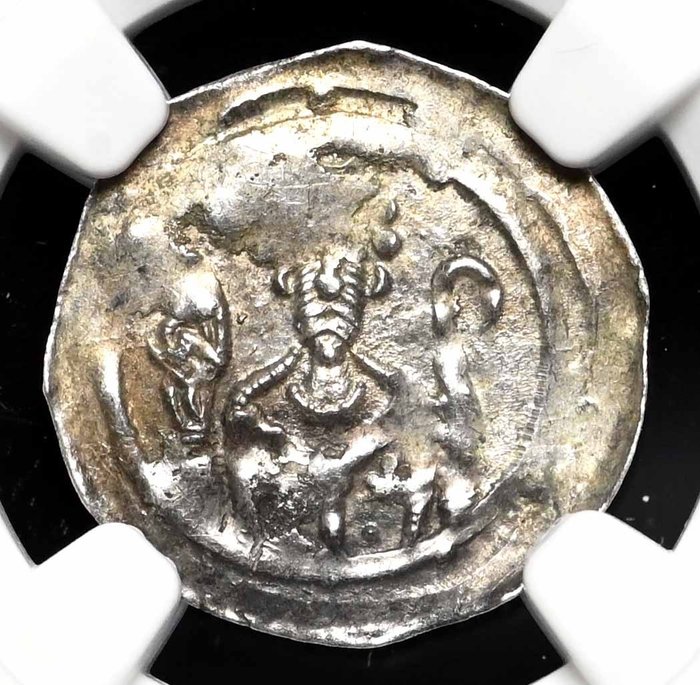 Biskupstwo Strasburga. Anonymous. 1 Pfennig no Date (ca. 1050-1250) Bishop Facing type - in a slab NGC MS61  (Bez ceny minimalnej
)