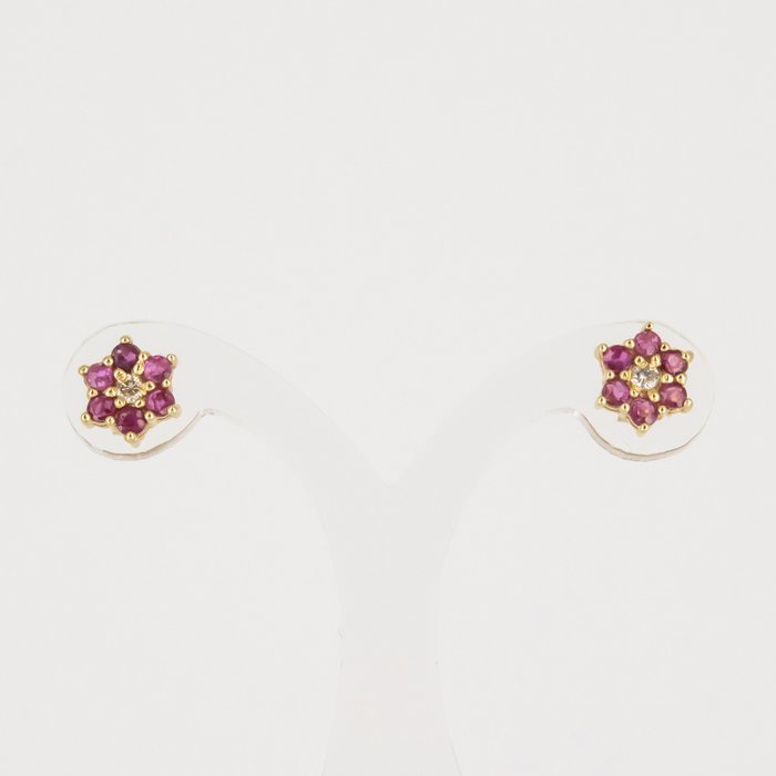 Earrings - 18 kt. Yellow gold Diamond  (Natural) - Ruby 