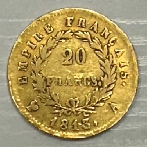 20 Francs  1813 A Napoléon Ier, TTB/Superbe, 6,45 g d'or .900