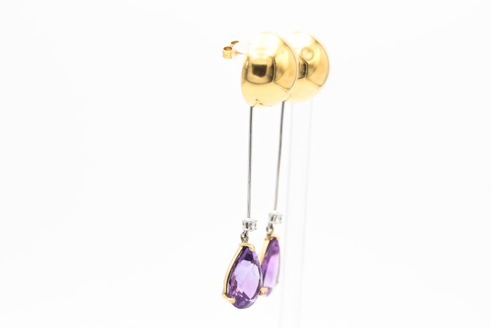 耳環 - 黃金 水滴形 紫水晶 - 鉆石 