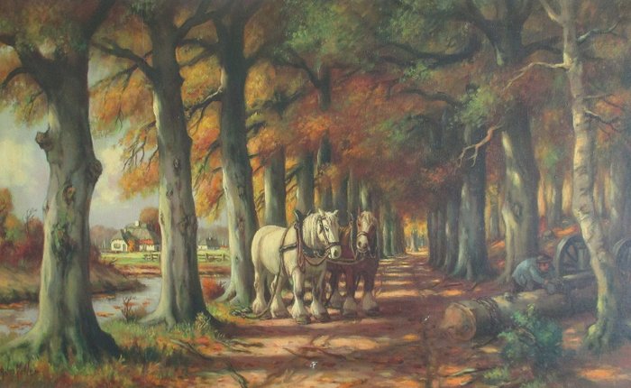 Anton Muller (1887-1979) - Houthakker in het bos met zijn paarden