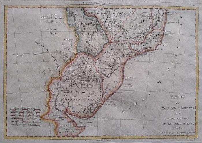 America, Mapa - América del Sur / Brasil; Bonne / Desmarest - Brésil et Pays des Amazones, avec le Gouvernement de Buenos-Ayres - 1787