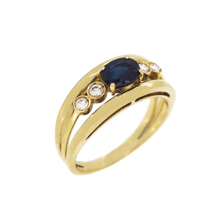 戒指 - 18 克拉 黃金 -  0.22 tw. 鉆石 - 藍寶石 