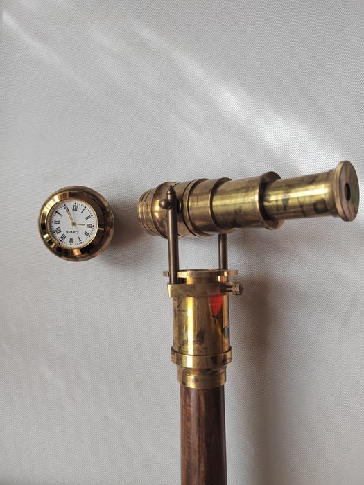拐杖 - 有時鐘的望遠鏡手杖 - 黃銅、木頭。