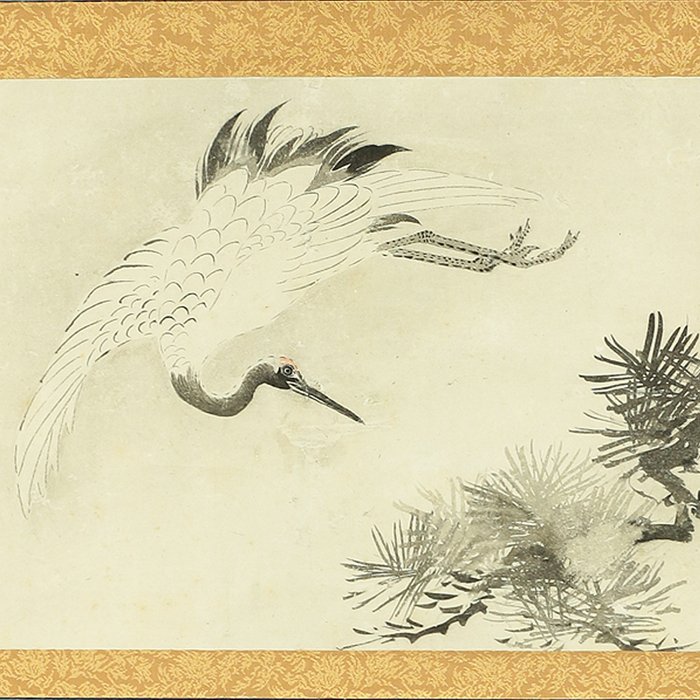 Flying Crane and Pine - with signature and seal 'Kano Shunho' 狩野春甫 - Japan - Midten af Edo-perioden  (Ingen mindstepris)