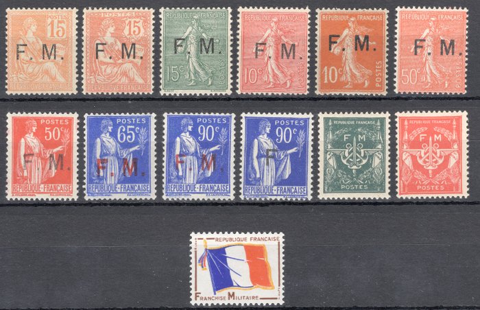 Frankrijk 1901/1964 - FM-postzegels van nr. 1 tot nr. 13, Mint** en Mint* inclusief gesigneerde kalveren. - Yvert