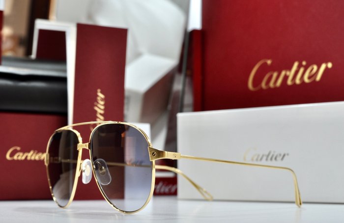 Cartier - Occhiali da sole Cartier-Pilot Santos oro occhiali da sole lenti blu - Lunettes de soleil