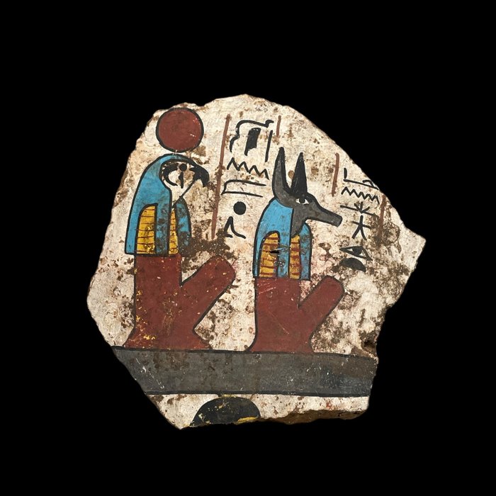 Replika starożytnego Egiptu Fragment przedstawiający siedzącego Boga Anubisa i Ra