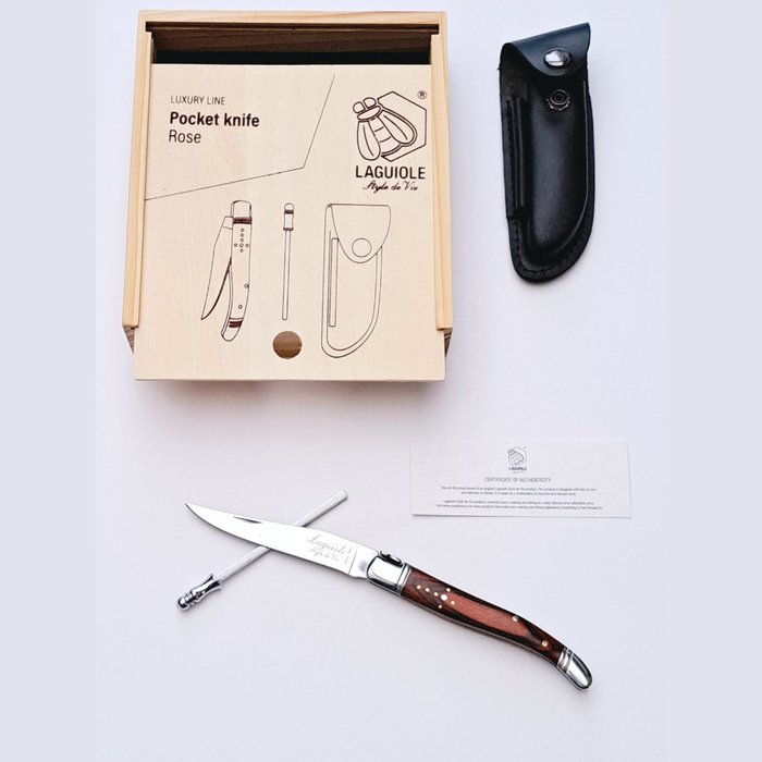 Laguiole - Luxury Pocket Knife, Sharpener & Leather Cover - Rose Wood - Cuțit de buzunar (3)