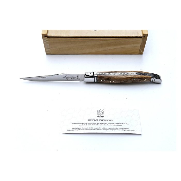 Laguiole - Luxury Pocket Knife, Sharpener & Leather Cover - Zebrano Zebra Wood - Cuțit de buzunar (3)
