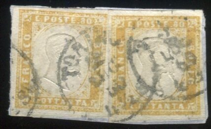 Ókori itáliai államok - Szardínia 1858 - 80 cent narancssárga okker 2 példány több aláírású töredéken - Sassone 17b