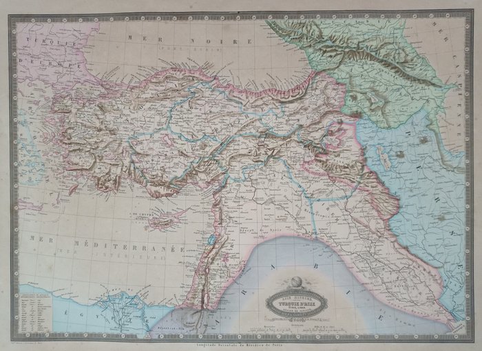 Médio Oriente, Mapa - Turquia/Chipre/Síria/Israel/Líbano; Garnier - Asie Mineure. Turquie d'Asie Syrie, Liban. Récion du Caucase - 1860
