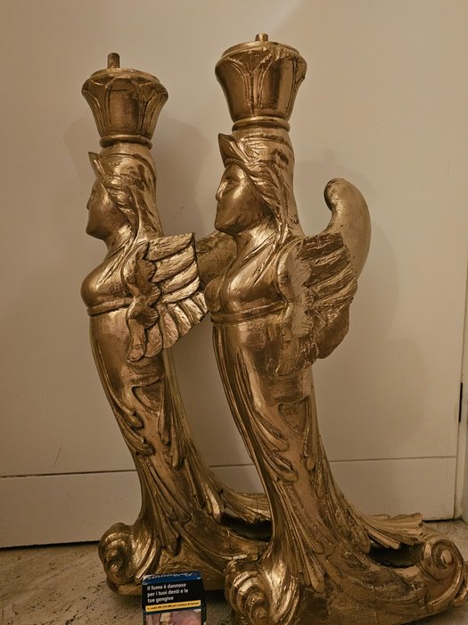 Scultura, Grande coppia Scultura dorata - 62 cm - Dorato, Legno