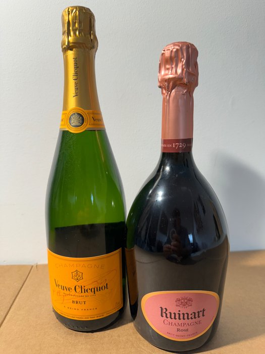 Ruinart Rosé Brut & Veuve Clicquot Brut - Champagne Brut - 2 Flessen (0.75 liter)