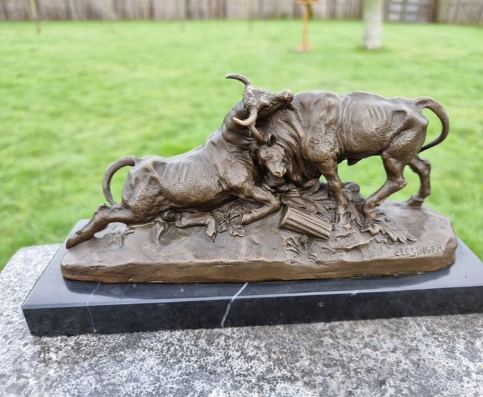 Statue, Bronze, Fighting Bulls - 12 cm - Bronze, Marmor