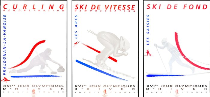 Anonymous, Vandystadt Duomo and Sutton Paul - Albertville 92 - 3 Original posters - Ski de Vitesse - Sky de Fond - Curling Demonstration - Década de 1990