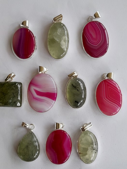 Prehnite with tourmaline and agate pendants - silver- 122 g - (10)