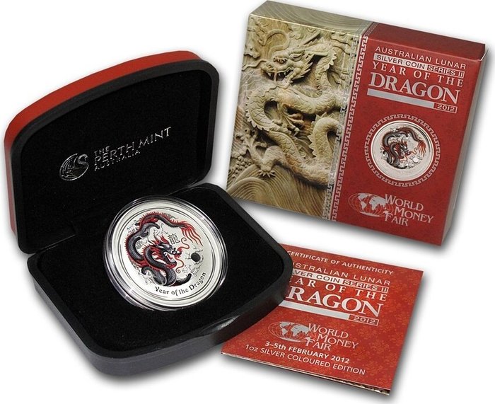 Australië. 1 Dollar 2012 World Money Fair - Year of the Dragon - "Schwarz", 1 Oz (.999)  (Zonder Minimumprijs)