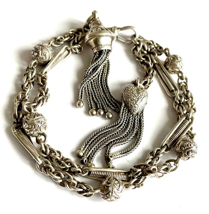 Bracelete Prata, Pulseira vitoriana Albertina de prata esterlina 925 com corrente dupla 