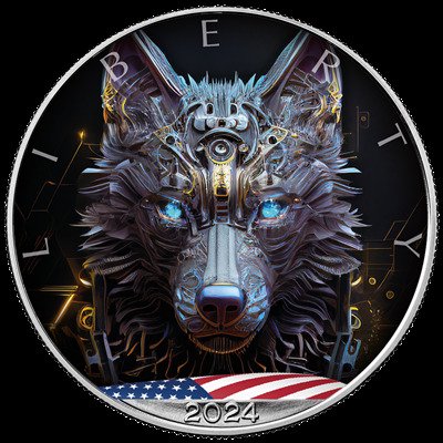 美國. 1 Dollar 2023 Cyber Wolf - Colorized, 1 Oz (.999)  (沒有保留價)