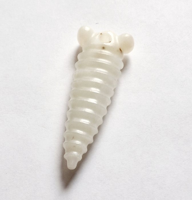 Ancient Chinese White Jade Silk Worm Bead Talisman - 72 mm