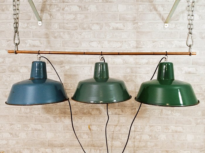Plafondlamp (3) - Vintage fabriekslamp - Emaille, Staal